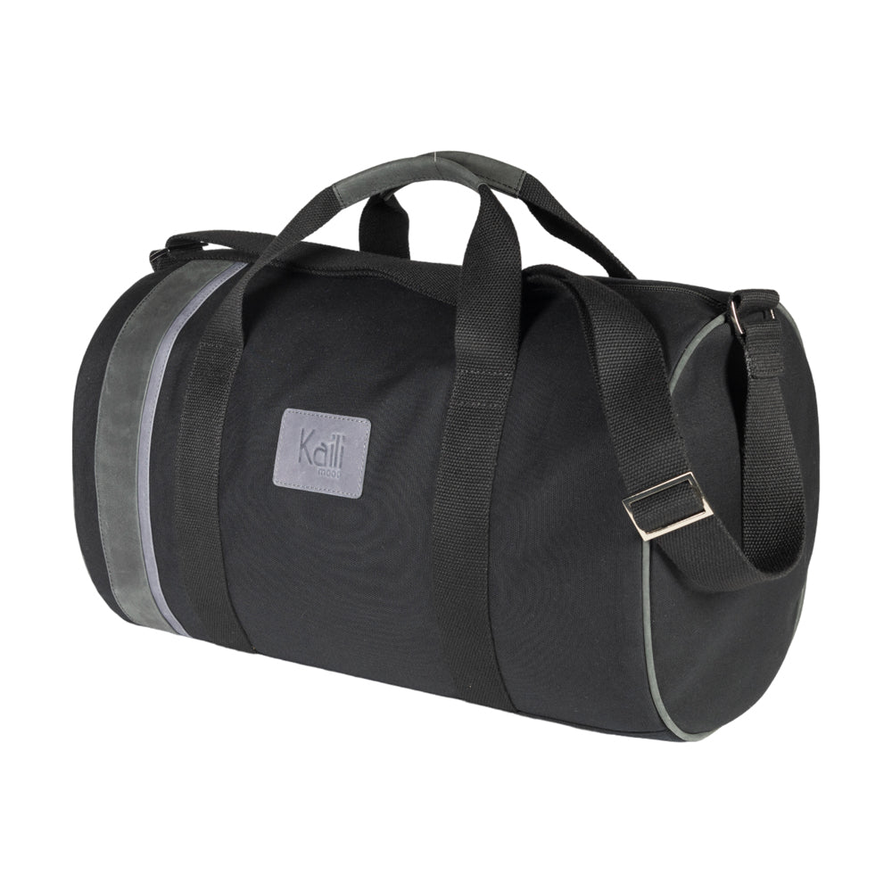 K2006AF | Travel Duffel Bag in 100% Cotton Canvas / Genuine Full-Grain Naked Leather - Black, Zip Closure. Dimensions: 45 x 25 x 28 cm - Packaging: Non-woven Bag-0